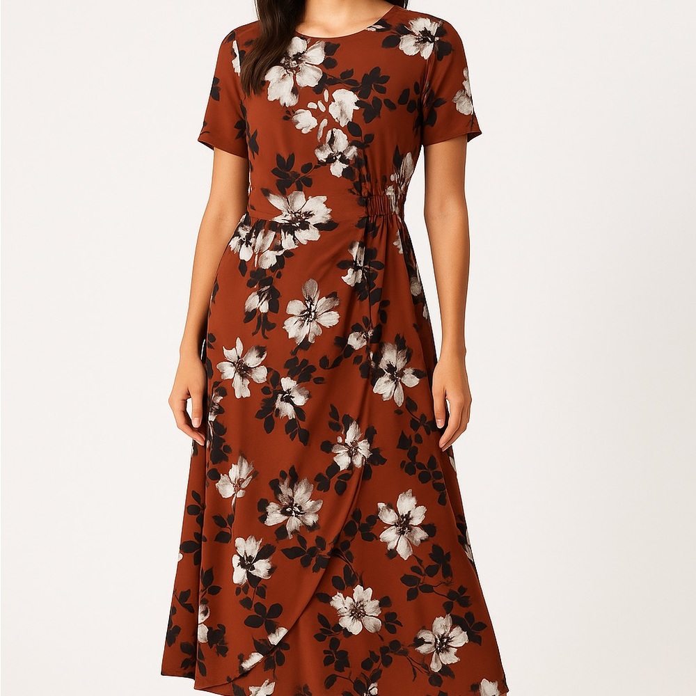 Simply Vera Vera Wang Floral Asymmetrical Waist Midi Dress — Rust — Small